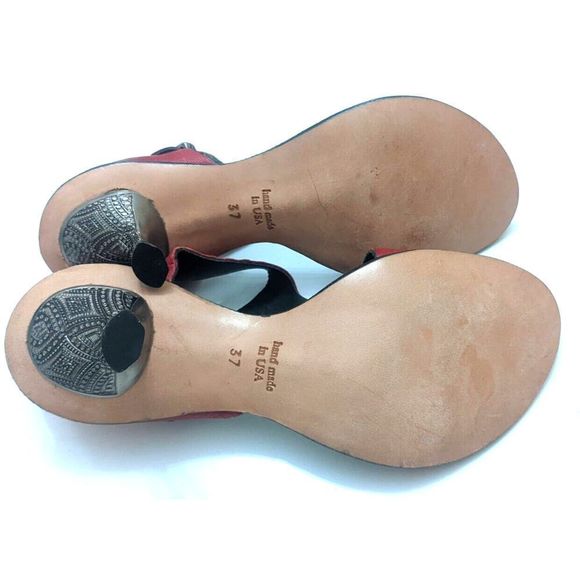 CYDWOQ 37 Heeled Sandals Red Handmade Leather USA - Picture 7 of 8